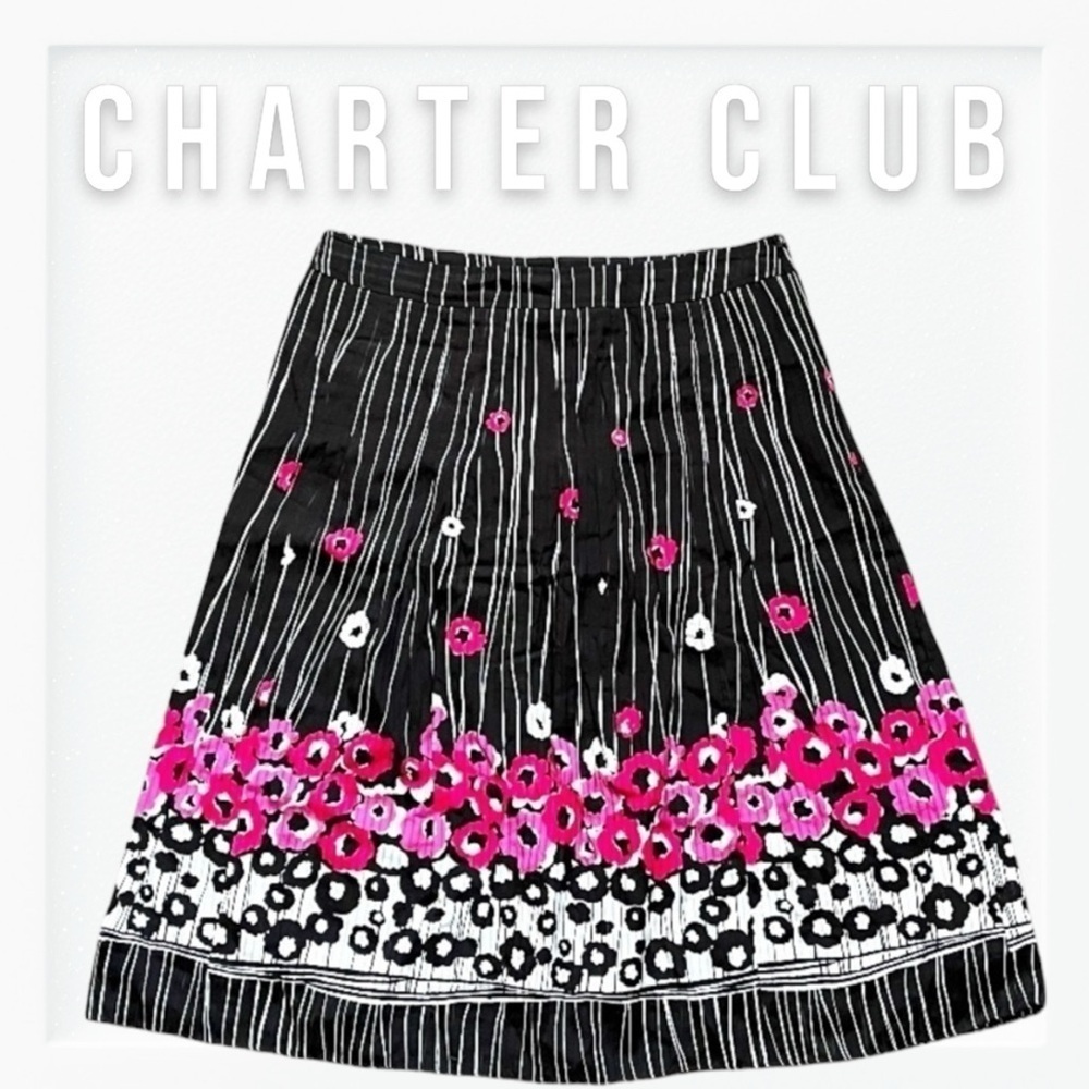 Charter Club Black and Pink Floral A-Line Silk and Cotton Skirt sz 8